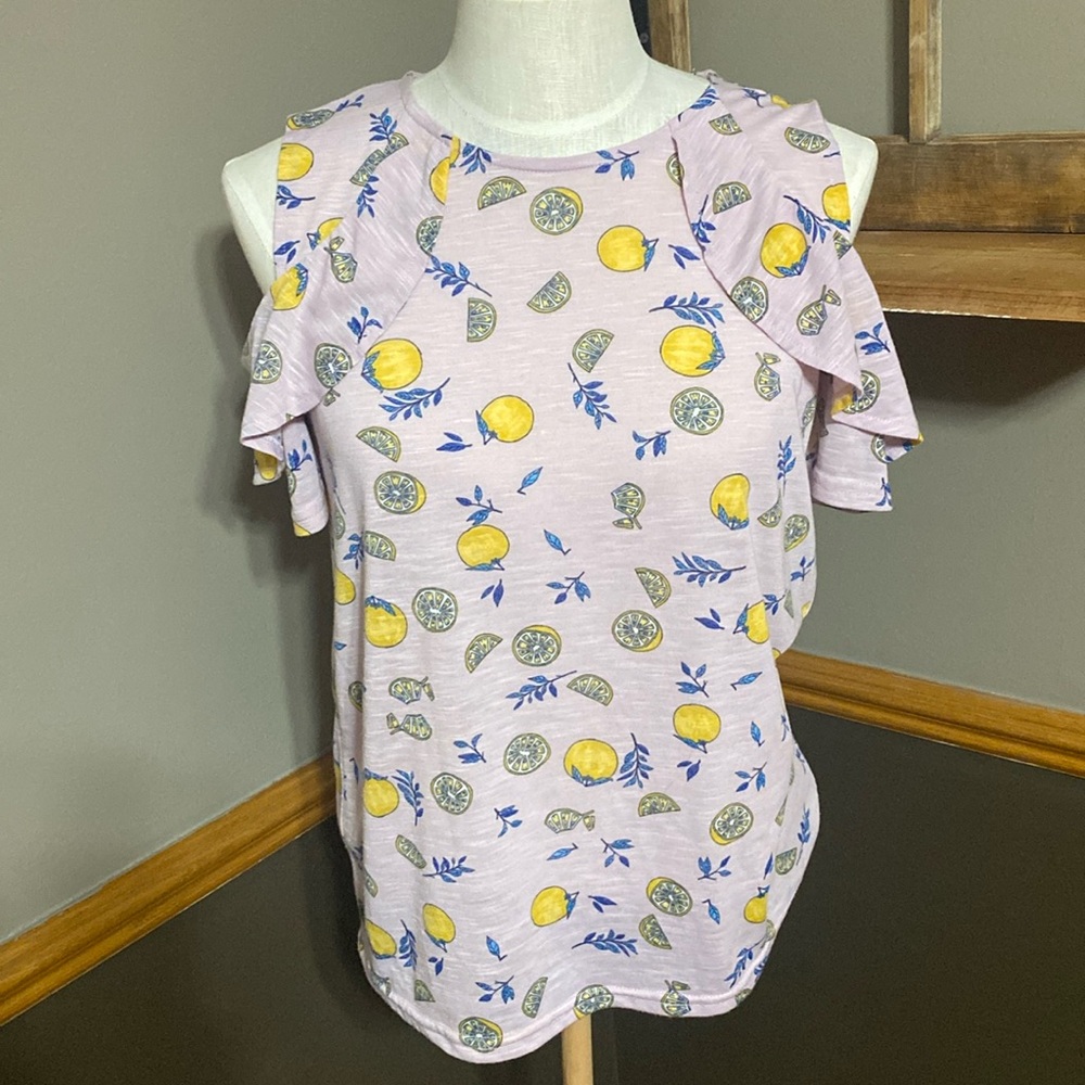 Juicy Couture pink lemon print cold shoulder short sleeve top size M